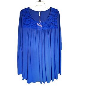 Bishuige Womens Blue‎ Lace Detail Long Sleeve Top Rayon Blend Size 3XL NEW